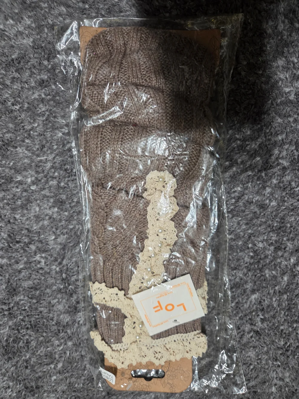 LOF Brown Cable Knit Leg Warmers with Cream Lace Trim